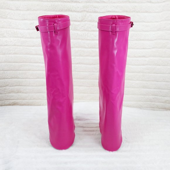 Paris Fuchsia Pink Skirted Fold Over 3.5" Block Heel Knee High Boots - Picture 3 of 9